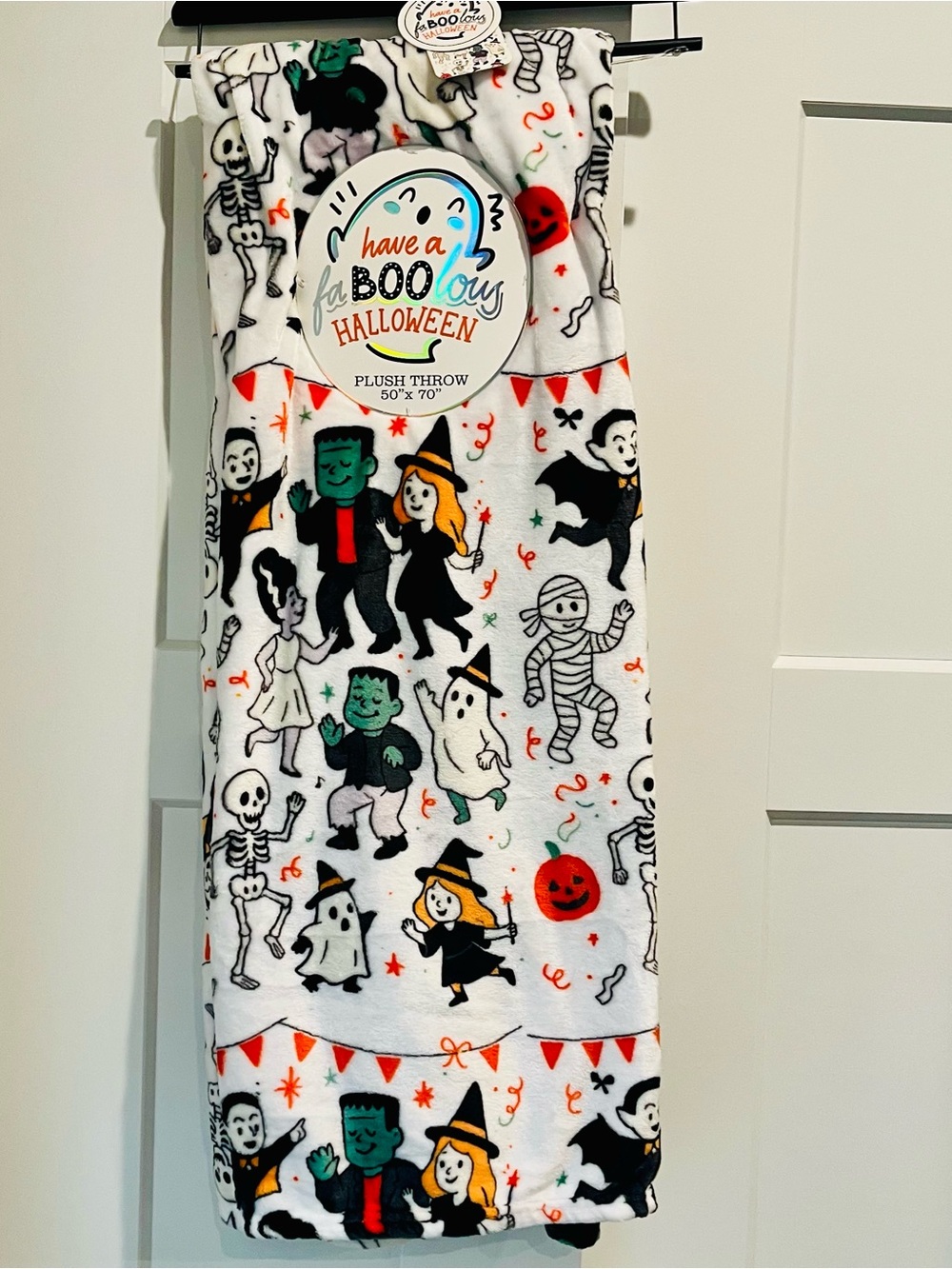 Halloween Kids Plush Throw Blanket - White with Black, Green & Orange Characters